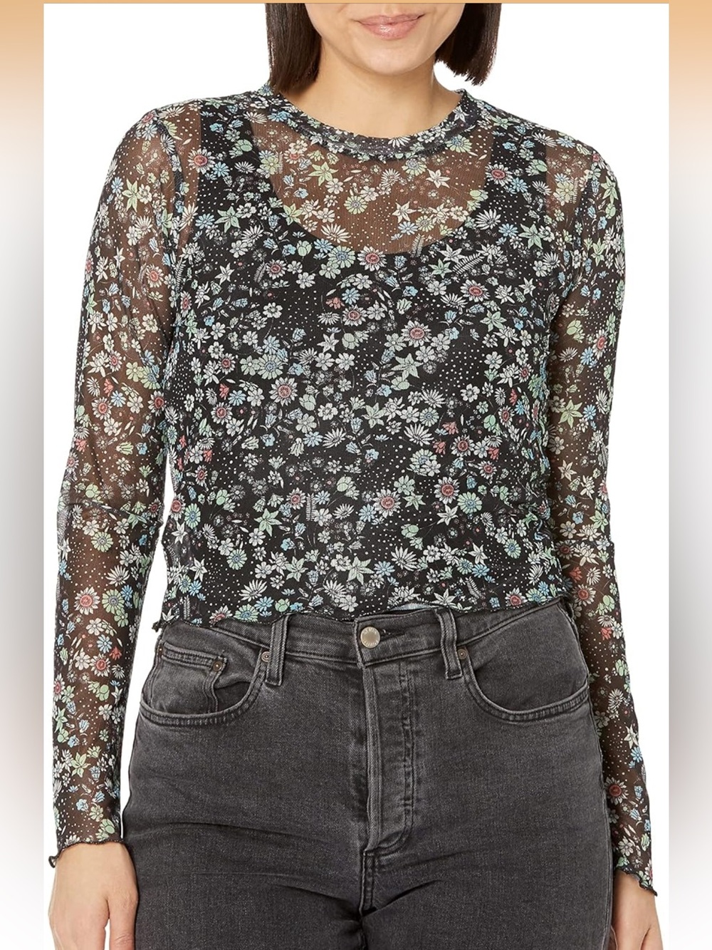 BCBG Sheer Long Sleeve Floral Mesh Top - Black with Pastel Floral Print